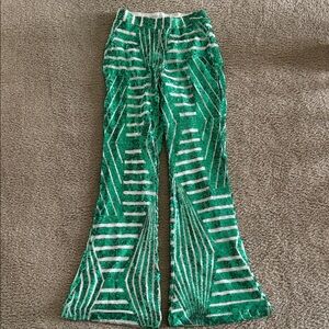 Amazon Green and White  sequin Flare Pants. Stretchy material.